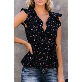 Black Floral Print Belted Ruffled V Neck Sleeveless Top