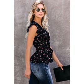 Black Floral Print Belted Ruffled V Neck Sleeveless Top