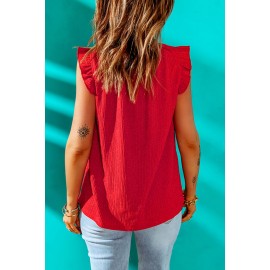 Red Ruffled Ribbed O-neck Sleeveless Top