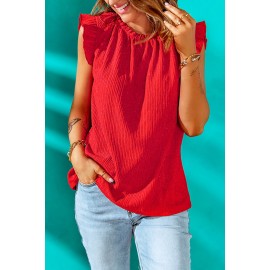 Red Ruffled Ribbed O-neck Sleeveless Top