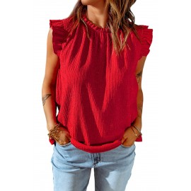 Red Ruffled Ribbed O-neck Sleeveless Top