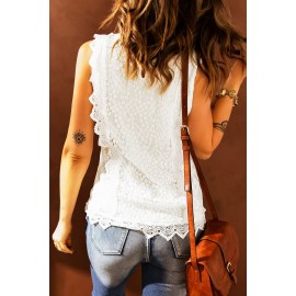 White Crew Neck Scalloped Trim Lace Tank