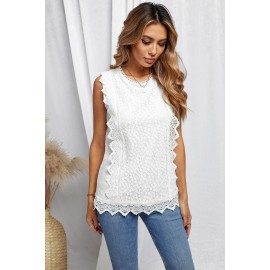 White Crew Neck Scalloped Trim Lace Tank