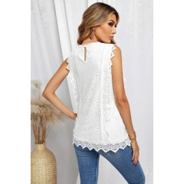 White Crew Neck Scalloped Trim Lace Tank