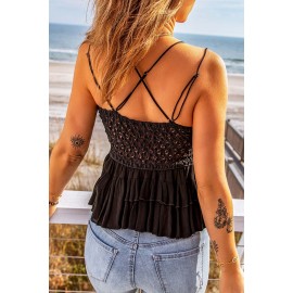 Black Laced Ruffled Hem Tank