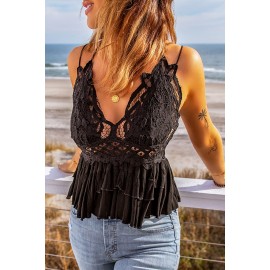 Black Laced Ruffled Hem Tank