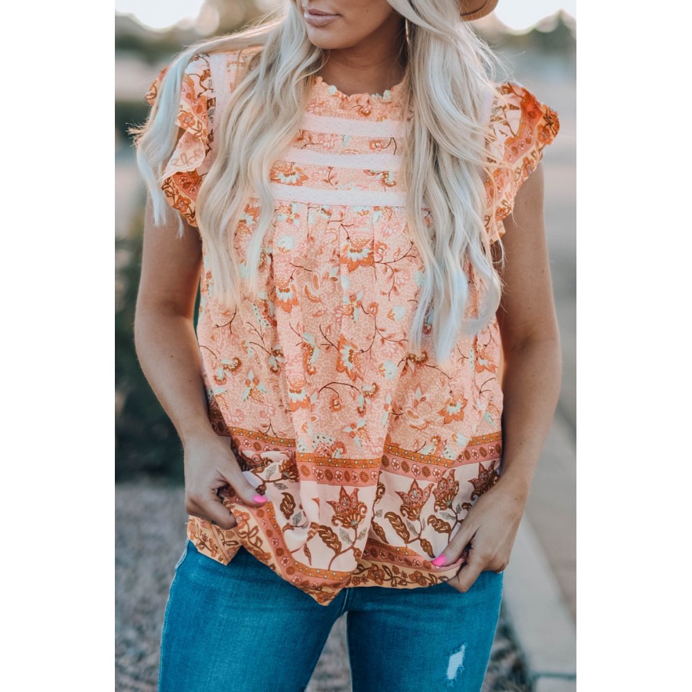 Orange Floral Print Ruffled Crew Neck Sleeveless Top