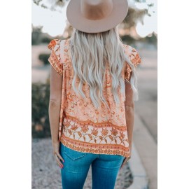 Orange Floral Print Ruffled Crew Neck Sleeveless Top