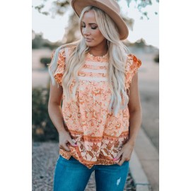 Orange Floral Print Ruffled Crew Neck Sleeveless Top