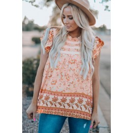 Orange Floral Print Ruffled Crew Neck Sleeveless Top