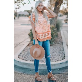 Orange Floral Print Ruffled Crew Neck Sleeveless Top