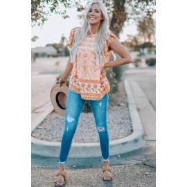 Orange Floral Print Ruffled Crew Neck Sleeveless Top