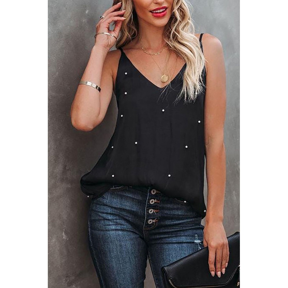 Black Pearls Décor V Neck Spaghetti Strap Tank Top