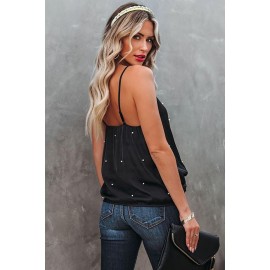 Black Pearls Décor V Neck Spaghetti Strap Tank Top