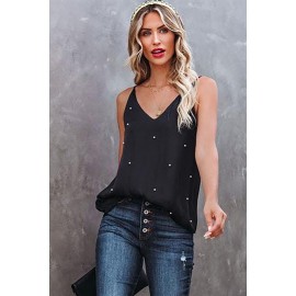 Black Pearls Décor V Neck Spaghetti Strap Tank Top