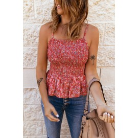 Red Floral Print Smocked Flounce Spaghetti Strap Camisole