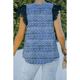 Blue Print Lace Shoulder Tank Top