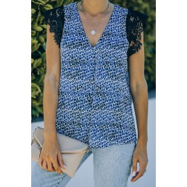 Blue Print Lace Shoulder Tank Top