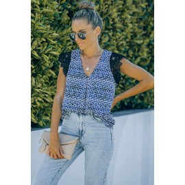 Blue Print Lace Shoulder Tank Top