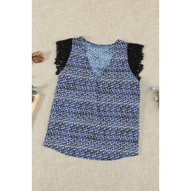 Blue Print Lace Shoulder Tank Top