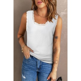 White Lace Crochet Contrast Crew Neck Ribbed Tank Top