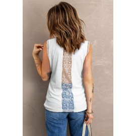 White Lace Crochet Contrast Crew Neck Ribbed Tank Top