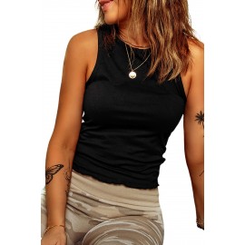 Black Solid Color O-Neck Slim-fit Cropped Tank Top