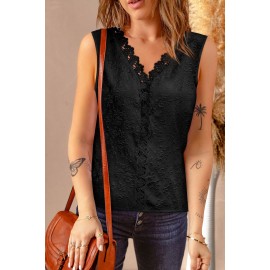 Black Floral Jacquard Scalloped V Neck Tank Top