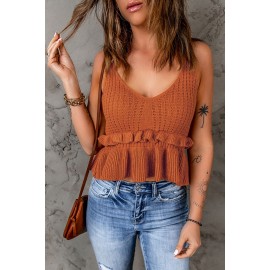 V Neck Ruffled Knitted Cropped Tank Top