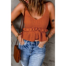 V Neck Ruffled Knitted Cropped Tank Top