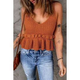 V Neck Ruffled Knitted Cropped Tank Top