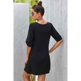 Black V Neck Button Front Roll up Tab Sleeve Dress