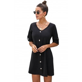 Black V Neck Button Front Roll up Tab Sleeve Dress