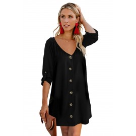 Black V Neck Button Front Roll up Tab Sleeve Dress