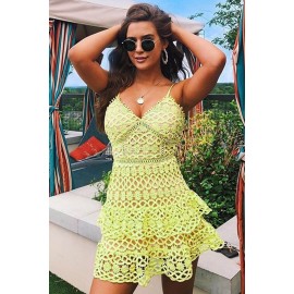 Yellow Sexy Ruffle V Neck A-line Mini Dress