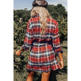 Red Plaid Print Buttoned Long Sleeve Shirt Dress