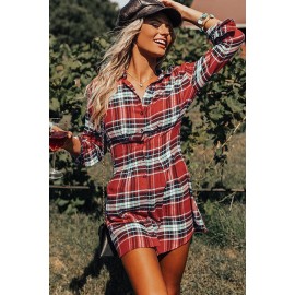 Red Plaid Print Buttoned Long Sleeve Shirt Dress