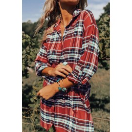 Red Plaid Print Buttoned Long Sleeve Shirt Dress