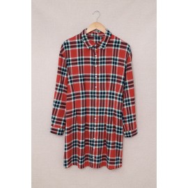 Red Plaid Print Buttoned Long Sleeve Shirt Dress