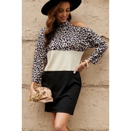 Leopard Color Block Cold Shoulder Shift Mini Dress