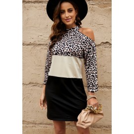 Leopard Color Block Cold Shoulder Shift Mini Dress