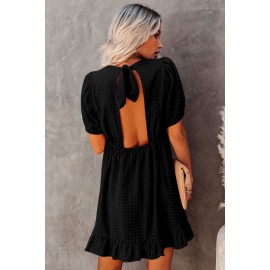 Black Checkered Pattern Puff Sleeve Babydoll Dress