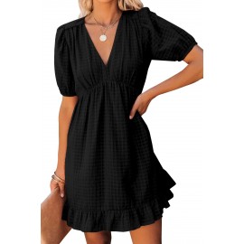 Black Checkered Pattern Puff Sleeve Babydoll Dress