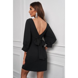 Black Bow Backless 3/4 Sleeve High Waist Mini Dress