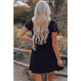 Black Lace Sleeve Frill Trim Smock Dress