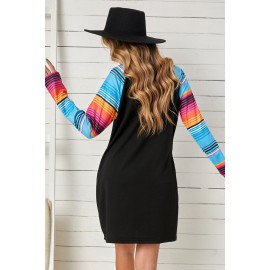 Letter Print Striped Pocket Long Sleeve Shift Mini Dress