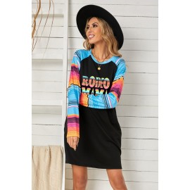 Letter Print Striped Pocket Long Sleeve Shift Mini Dress