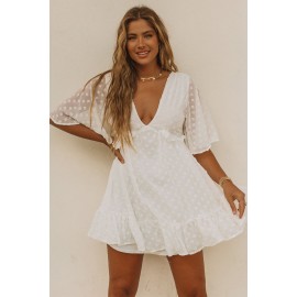 Swiss Dot Ruffled Deep V Neck High Waist Mini Dress