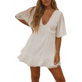 Swiss Dot Ruffled Deep V Neck High Waist Mini Dress