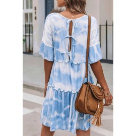 White Crew Neck Tie Dye Half Sleeve Dress